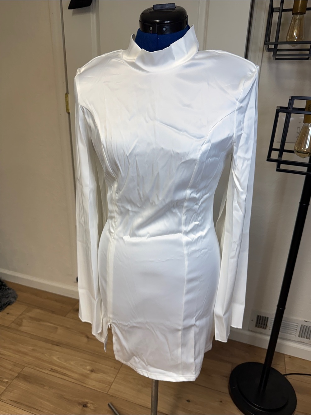 Elegant White High-Neck Satin Mini Dress